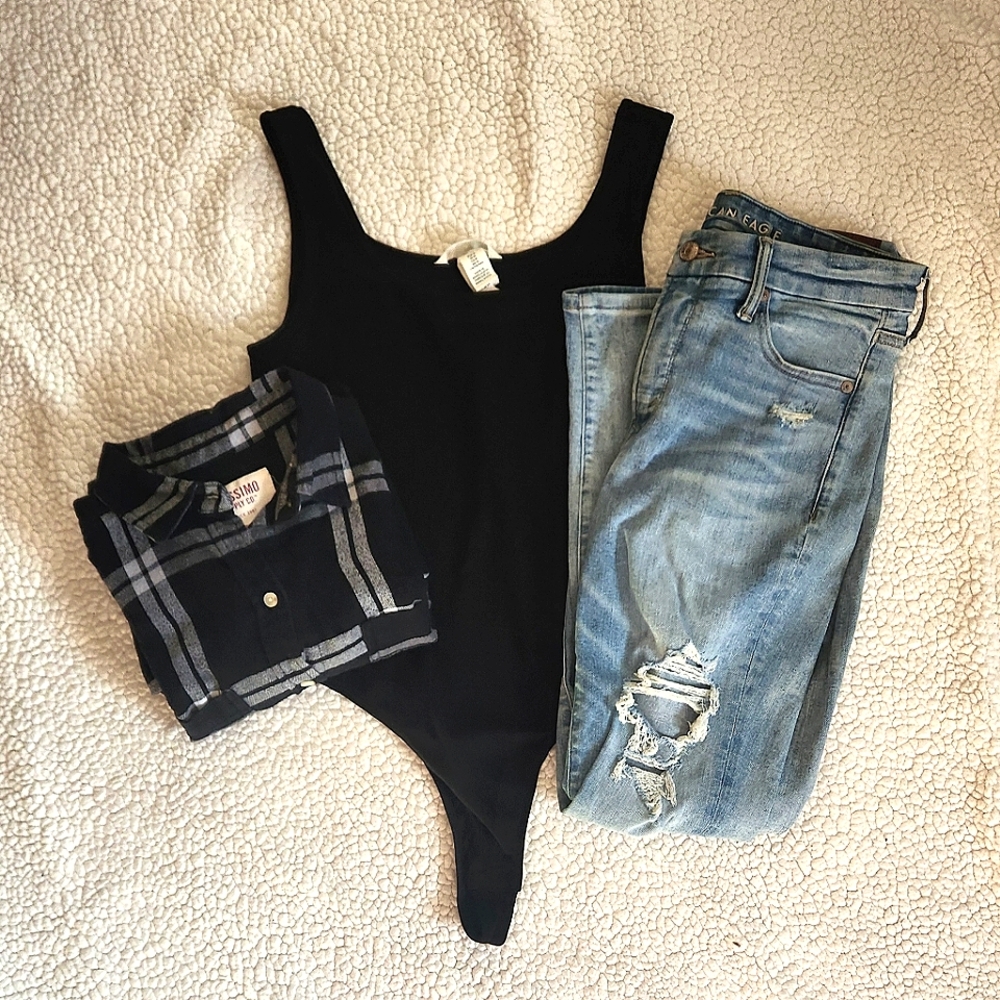 American Eagle jeans, H&M bodysuit, Mossimo flannel shirt bundle
